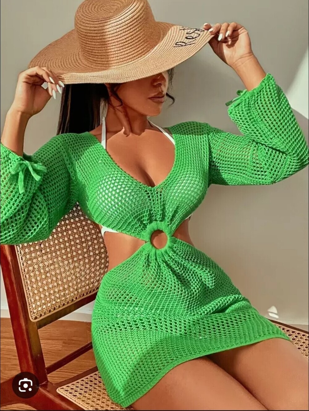 SHEIN Green Crochet Cutout Swim Coverup Dress
